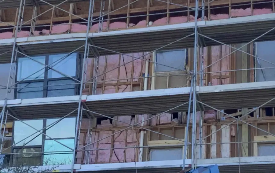Exposed exterior framing during water intrusion repair