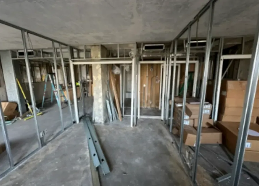 Interior framing during a fire restoration rebuild