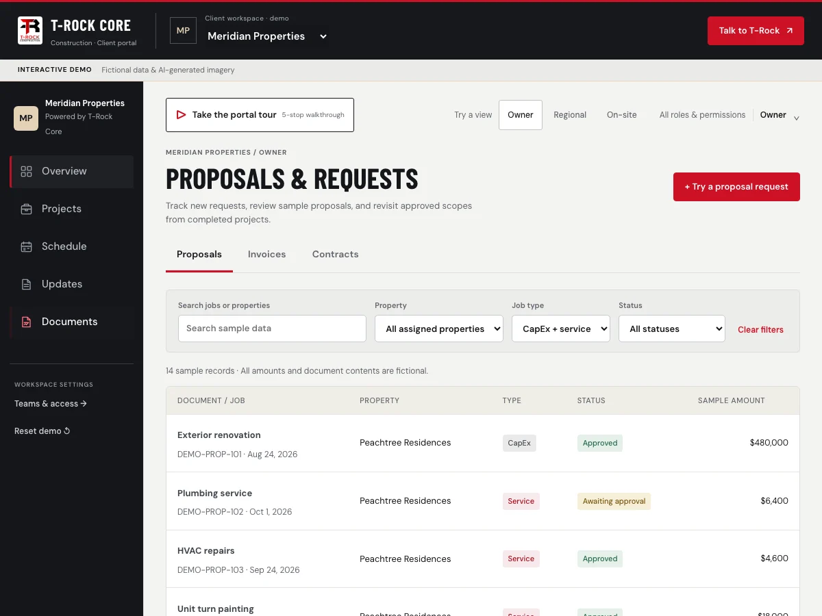 Demo documents workspace with proposals, invoices and contracts tabs and filters for property, job type and status