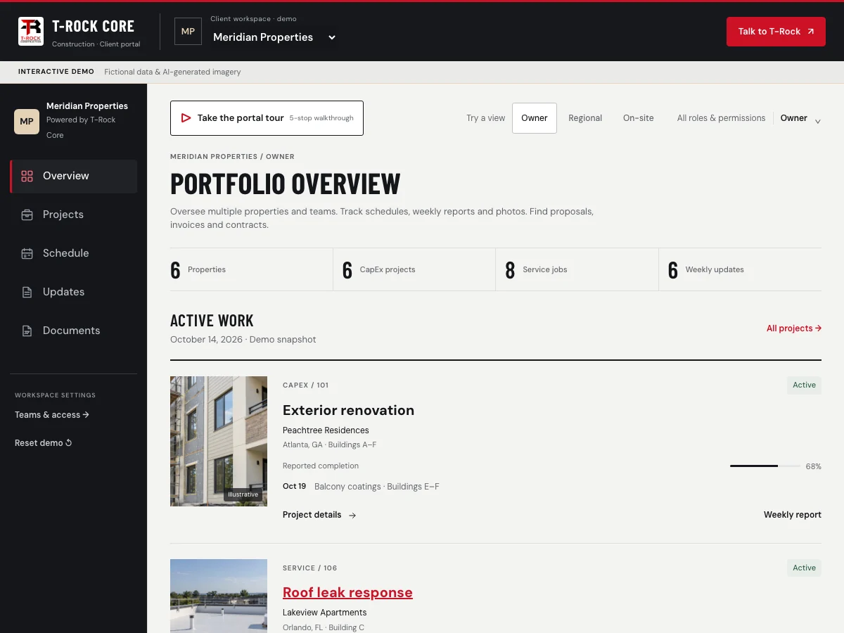 Demo owner overview showing six fictional properties, CapEx and service jobs, and weekly updates