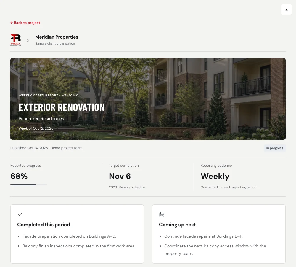 Fictional weekly CapEx report showing reported progress, target completion, completed work and upcoming tasks