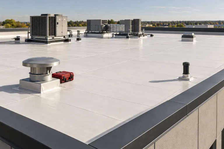 Concept illustration of a commercial membrane roof and rooftop equipment