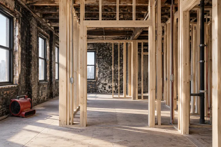 Concept illustration of framing during fire-loss reconstruction