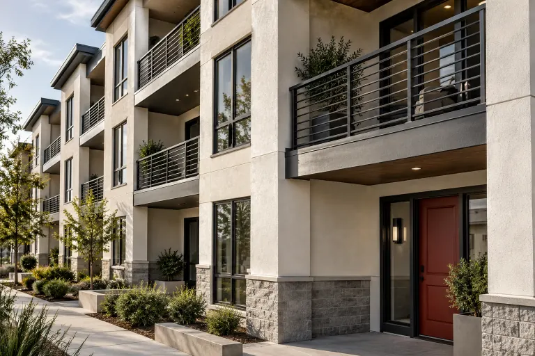 Concept illustration of a renovated multifamily facade with balconies