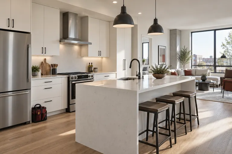 Concept illustration of an upgraded apartment kitchen and living space